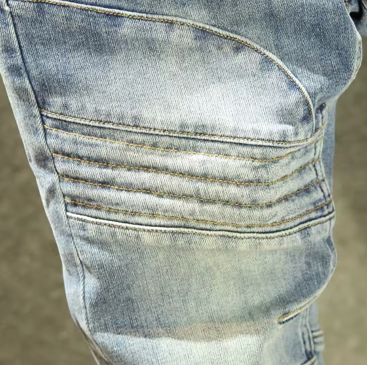 Mens Biker Jeans Street Fashion Denim Faded Slim Fit Blue Jeans
