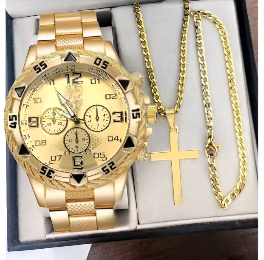 3pc Watch Cross Pendant Necklace And Chain Bracelet Stainless Quarts