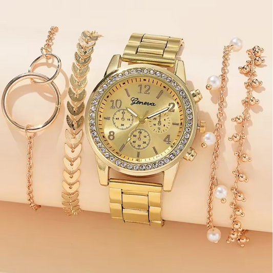 Womens Style 5pc Watch And Bracelets Set Pearl Gold And Silver