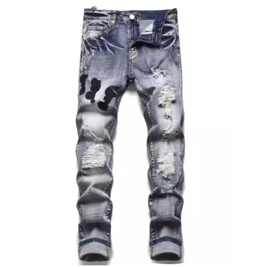 Mens Denim Street Biker Jeans Slim Fit Retro Style Embroidery Patch Logo Jeans