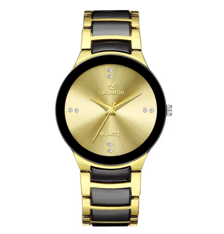 24cm Mens Stainless Steel Gold And Black Quartz Watch Orlando Dial Luxury