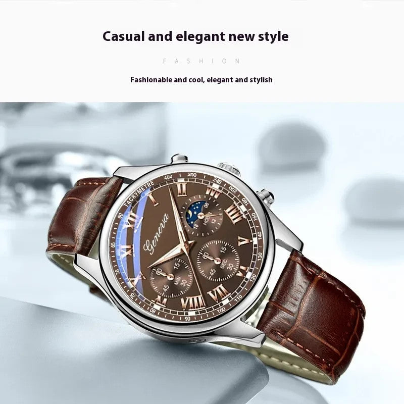 Genuine Peremium Leather Luxury Quartz Watch Mens Business Style Waterproof Case