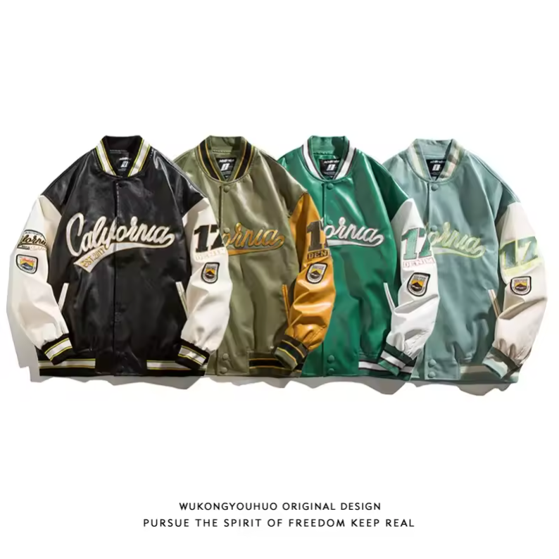 Synthetic Leather Street Bomber Jacket Button Up Retro Style Varsity Jacket
