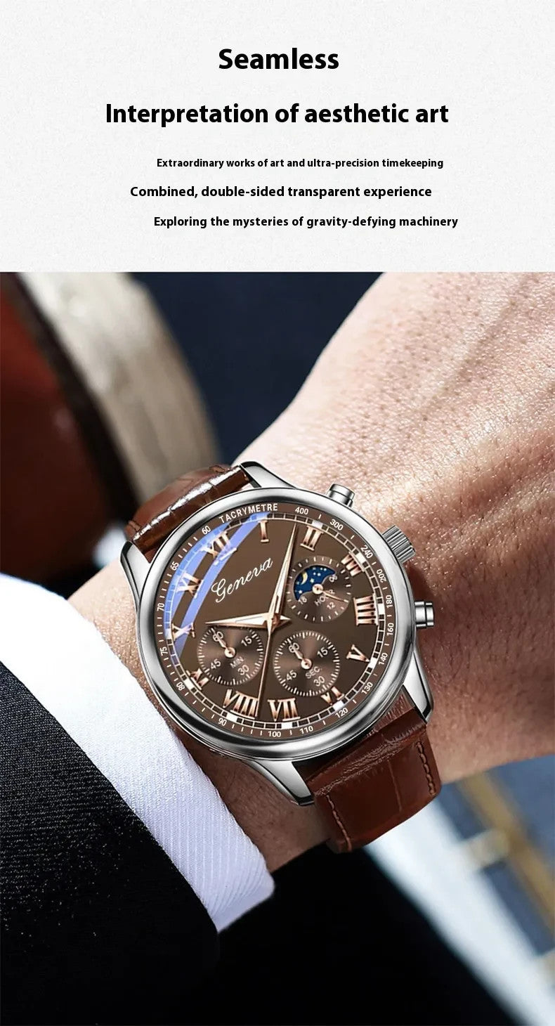 Genuine Peremium Leather Luxury Quartz Watch Mens Business Style Waterproof Case