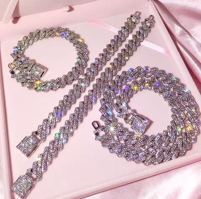 14mm Cuban Link 17k Gold Plated Fully Iced Out Rhinestone Dimond Necklace Chain