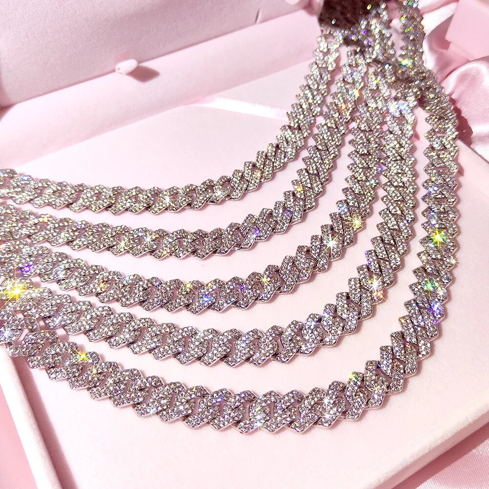 14mm Cuban Link 17k Gold Plated Fully Iced Out Rhinestone Dimond Necklace Chain