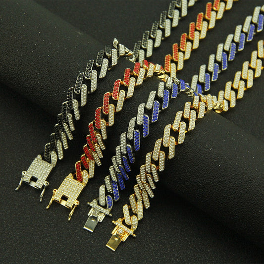 Mens Fashion Miami Cuban Link Colored Diamond Gem Necklace
