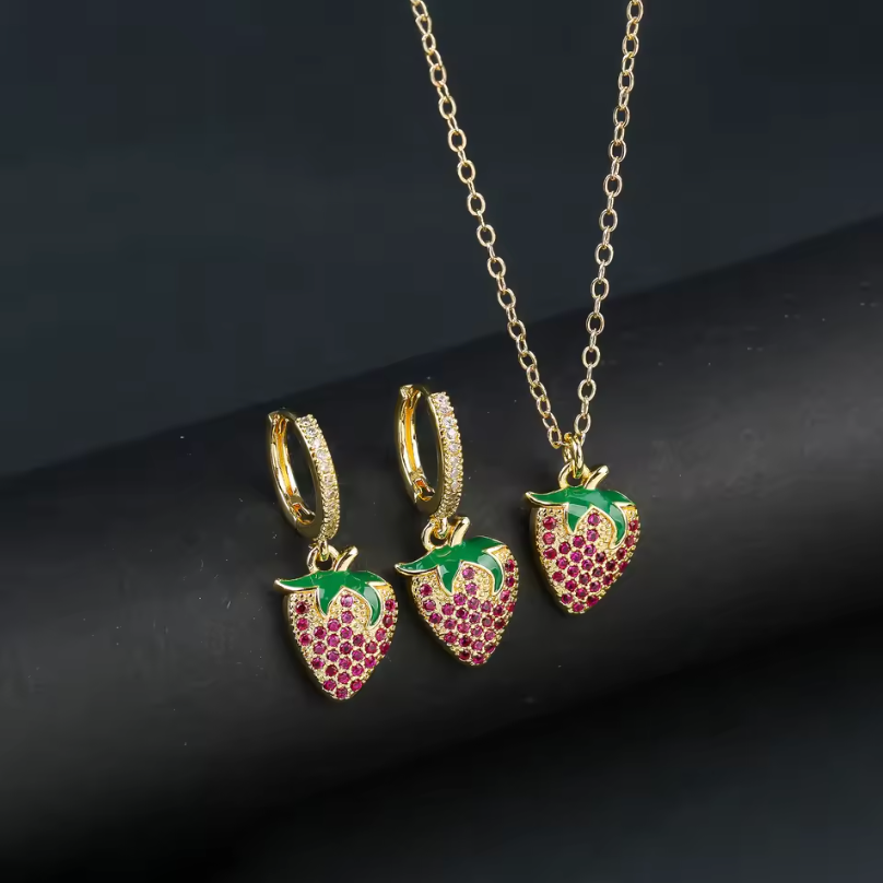 Womens Earrings And Necklace Cherry Fruits Gold Color Luxury Jewelry Set
