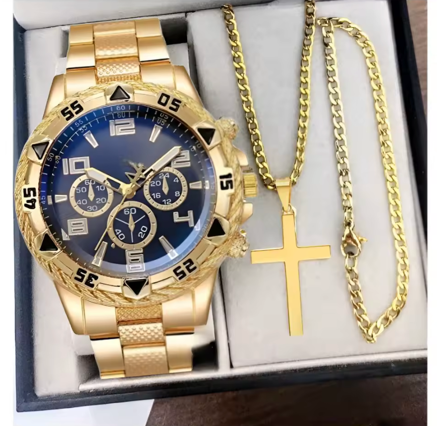 3pc Watch Cross Pendant Necklace And Chain Bracelet Stainless Quarts