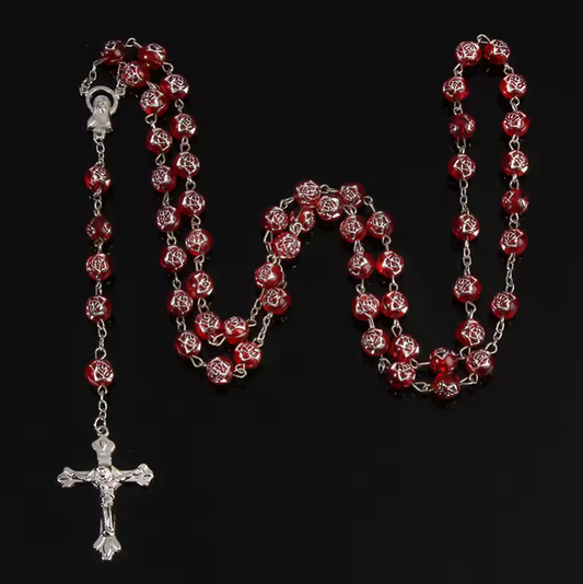 Beaded Rosary Pendant Necklace Alloy Cross Virgin Mary