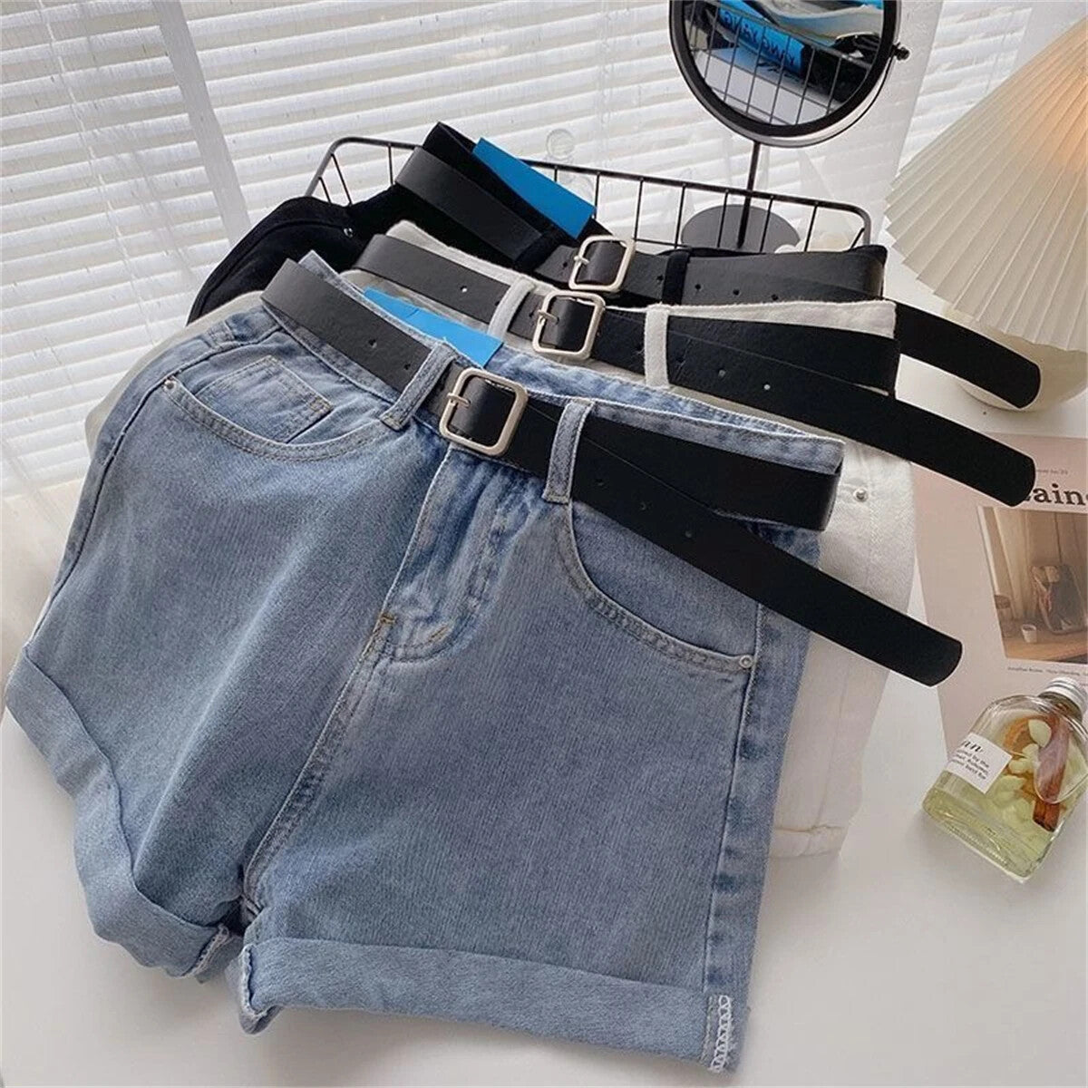 Womens Jean Shorts With Belt Cute Summer Style Mini Shorts Cuffed