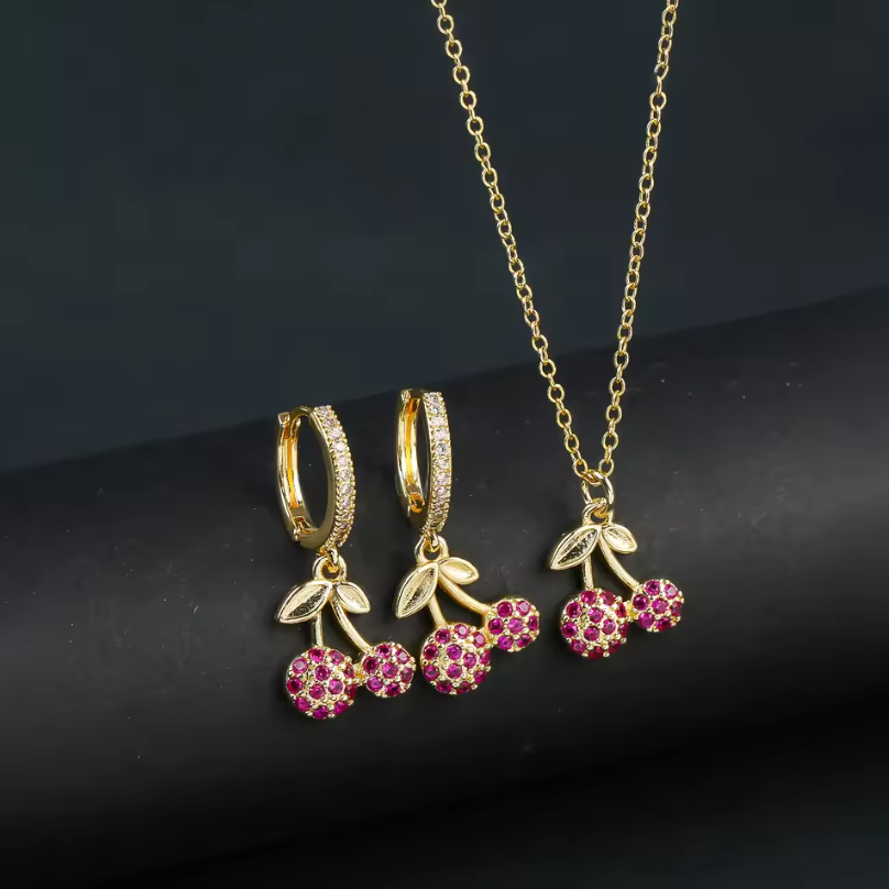 Womens Earrings And Necklace Cherry Fruits Gold Color Luxury Jewelry Set