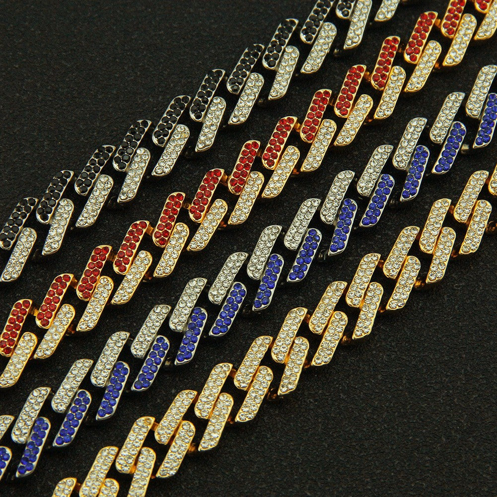 Mens Fashion Miami Cuban Link Colored Diamond Gem Necklace