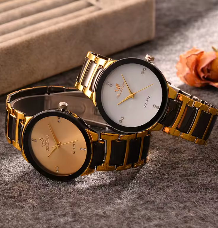 24cm Mens Stainless Steel Gold And Black Quartz Watch Orlando Dial Luxury