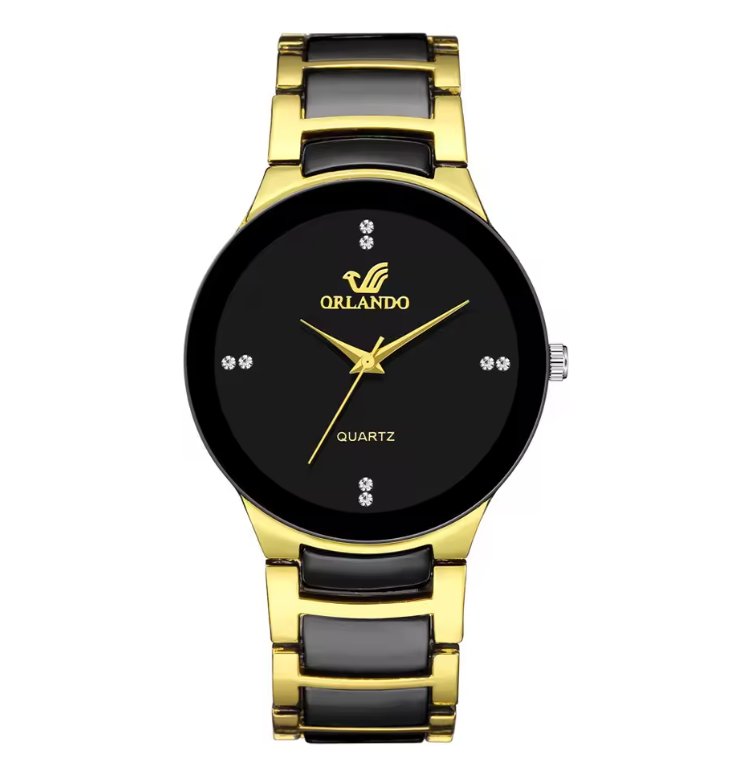 24cm Mens Stainless Steel Gold And Black Quartz Watch Orlando Dial Luxury