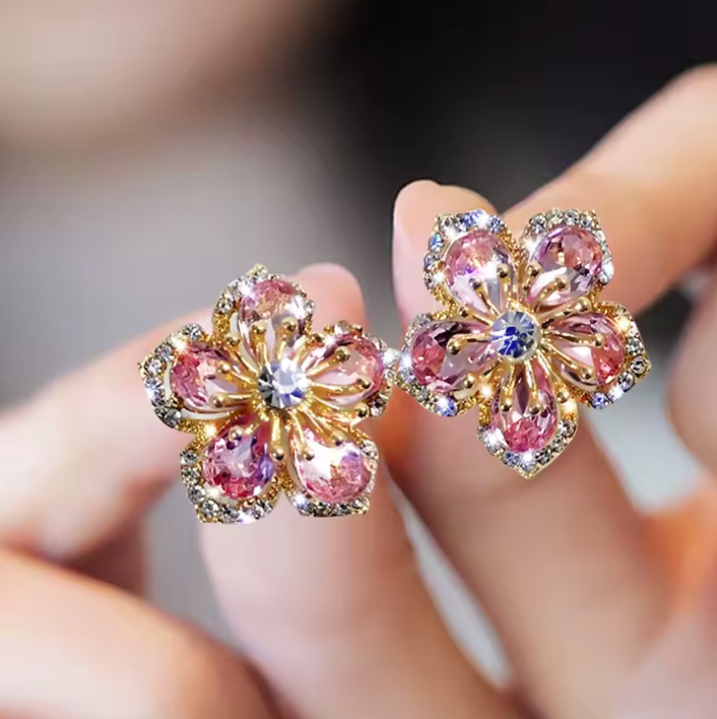 Womens Style 2pc Pair Glistening Flower Gem Stone Earrings