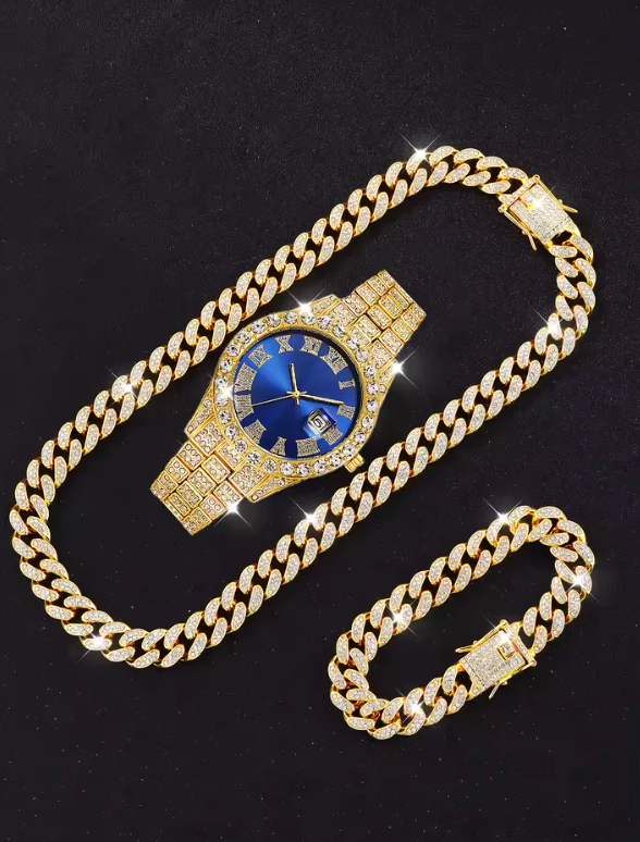 3pc Luxury Metal Alloy Gold Plated Full Dimond Rhinestone Watch And Chain Set