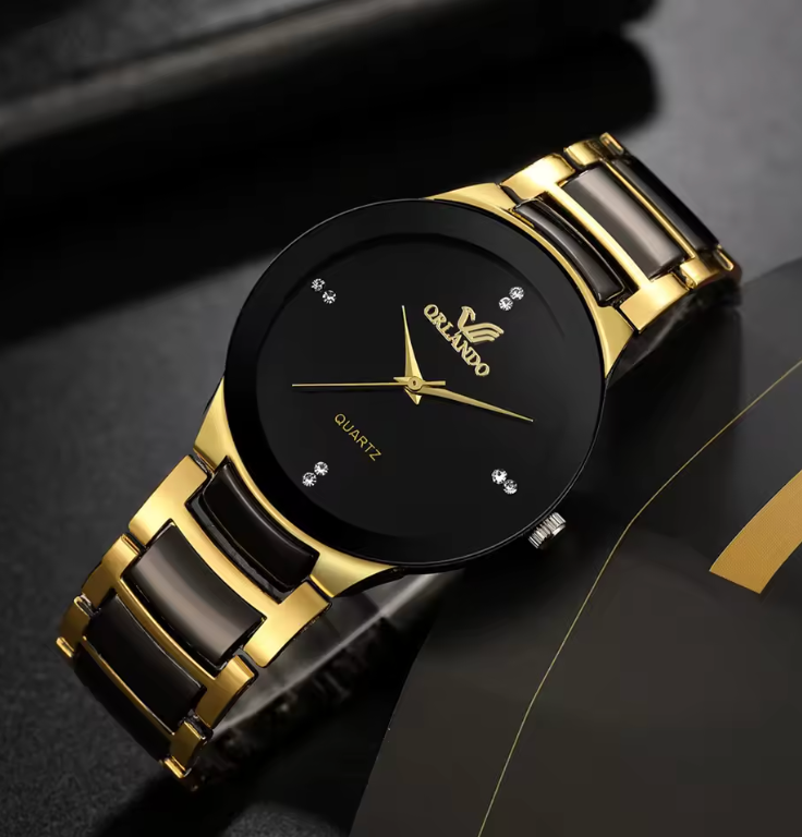 24cm Mens Stainless Steel Gold And Black Quartz Watch Orlando Dial Luxury