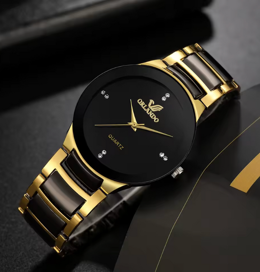 24cm Mens Stainless Steel Gold And Black Quartz Watch Orlando Dial Luxury