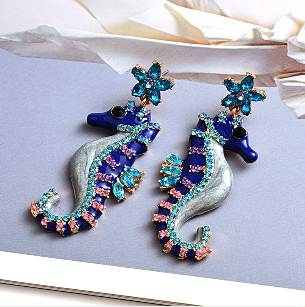 Jewl Sea Horse Dangle Drop Studs Colorful Blue Or Black Jem Earrings Pair