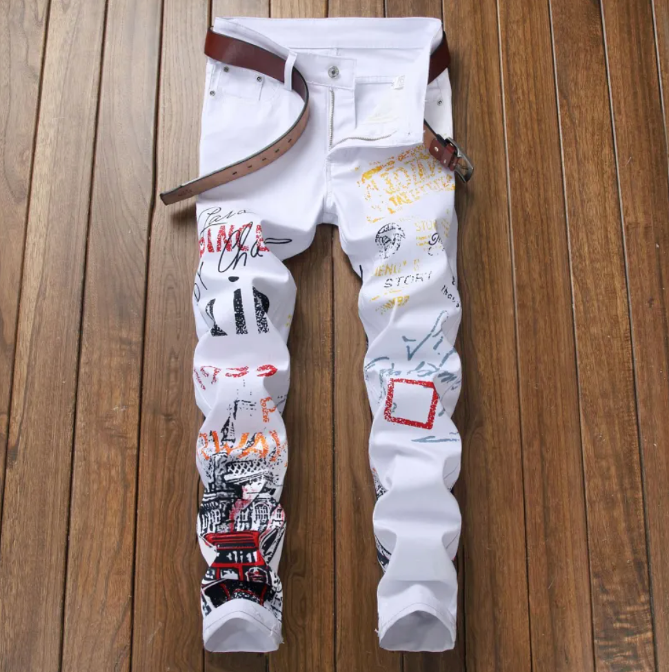 Custom Graffiti Style Slim Street Wear Black Or White Fashioned Skinny Jeans