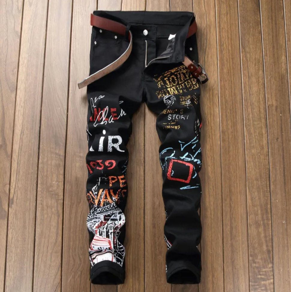 Custom Graffiti Style Slim Street Wear Black Or White Fashioned Skinny Jeans