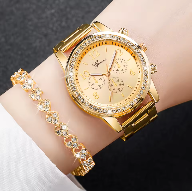 Gold Plated Quartz Watch And Bracelet Luxury Fashion Jewelry Set