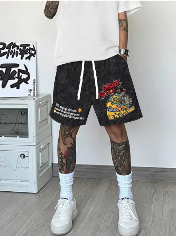 Casual Draw String Street Style Graphic Retro Shorts Colorful