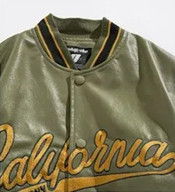 Synthetic Leather Street Bomber Jacket Button Up Retro Style Varsity Jacket