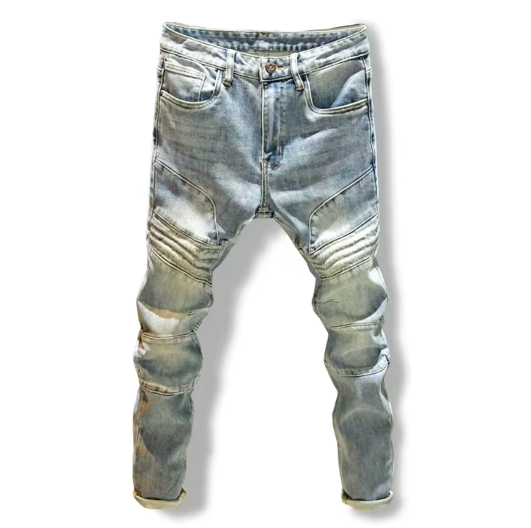 Mens Biker Jeans Street Fashion Denim Faded Slim Fit Blue Jeans