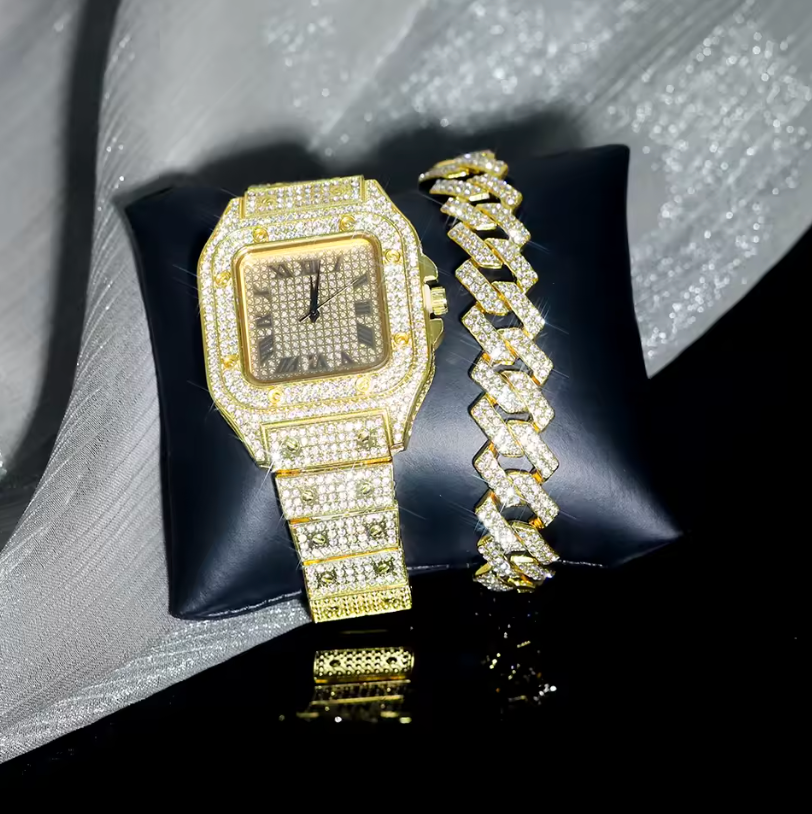 3pc Iced Out Jewelry Chain Watch And Bracelet Gold Or Silver Luxury Style