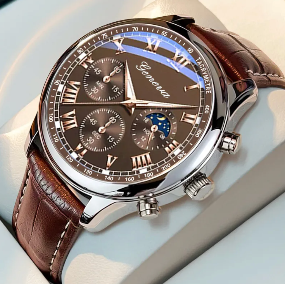 Genuine Peremium Leather Luxury Quartz Watch Mens Business Style Waterproof Case
