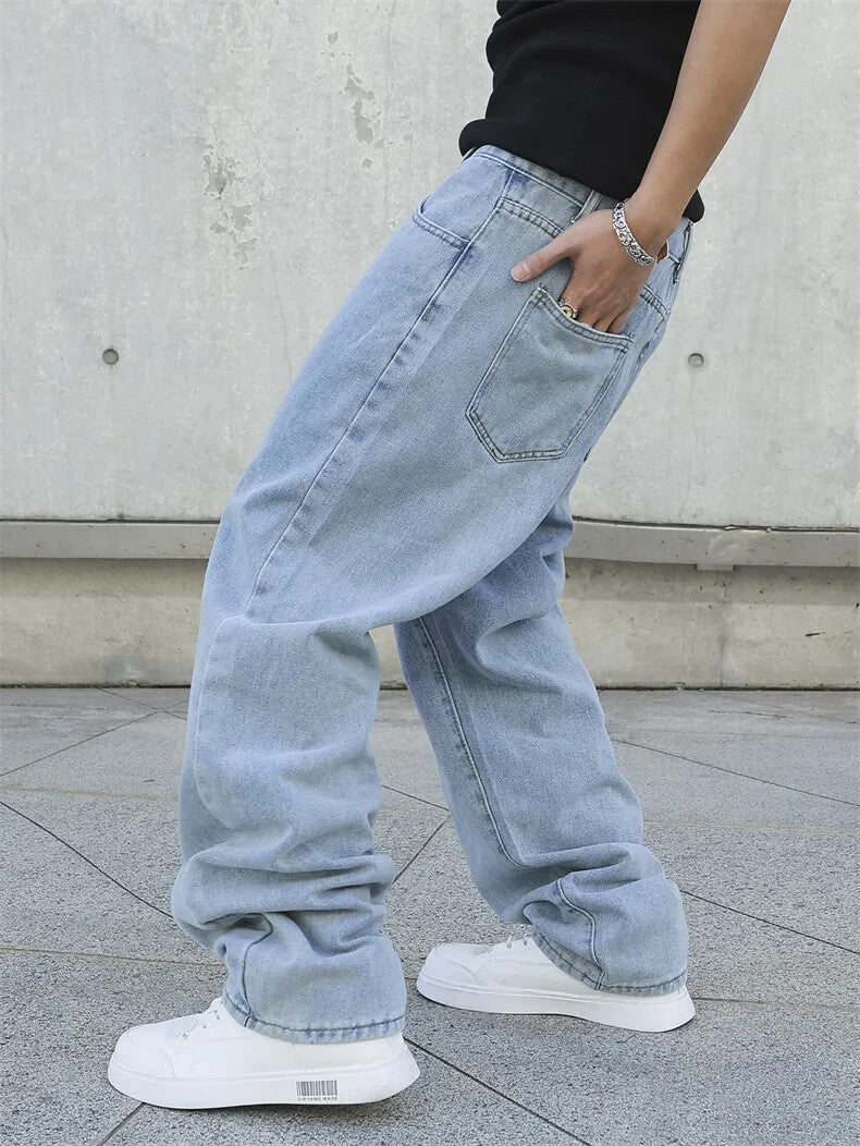 Mens Baggy Denim Jeans Faded Blue Skater Street Style Retro Fashion Jeans