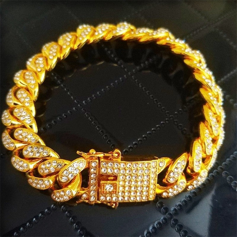 Mens Fashion Fully-Jewelled Cuban Link Style Iced Out Bracelet 2pc Set