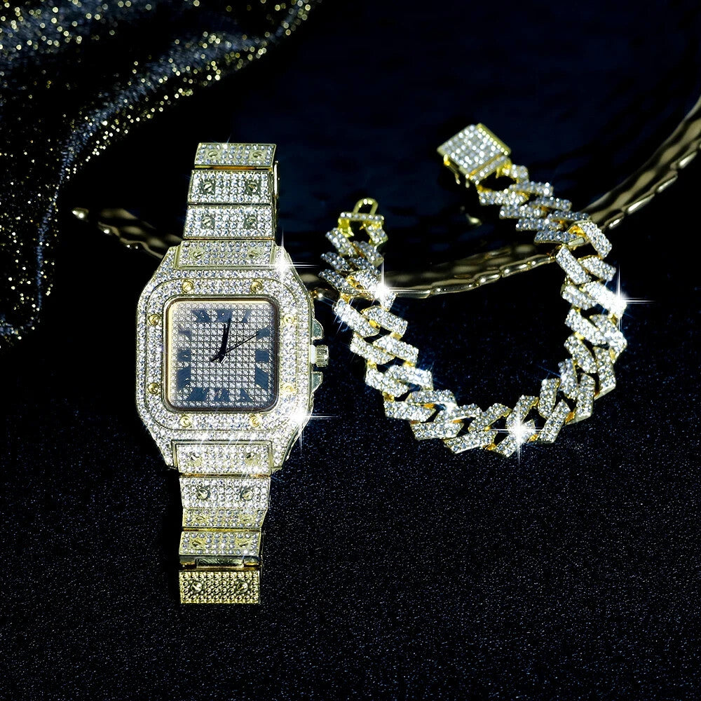 3pc Iced Out Jewelry Chain Watch And Bracelet Gold Or Silver Luxury Style