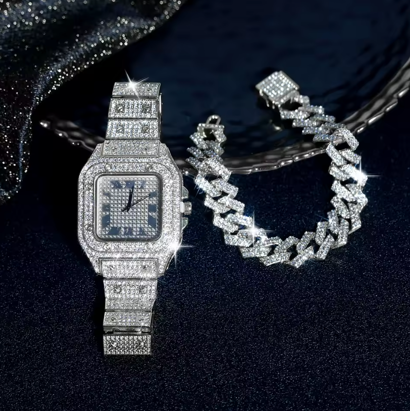 3pc Iced Out Jewelry Chain Watch And Bracelet Gold Or Silver Luxury Style