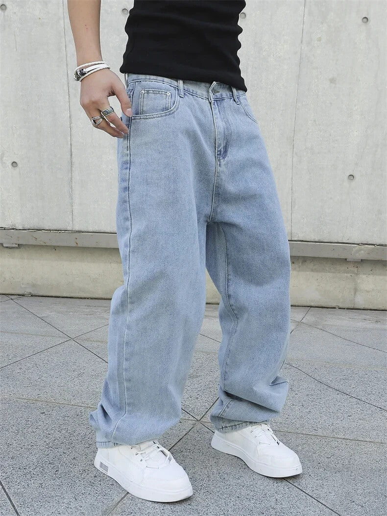 Mens Baggy Denim Jeans Faded Blue Skater Street Style Retro Fashion Jeans