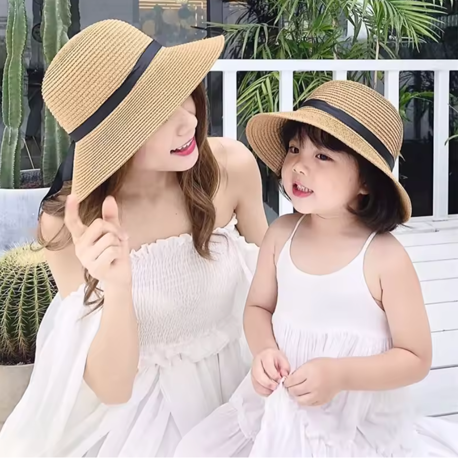Womens Straw Summer Beach Ribbon Sun Hat