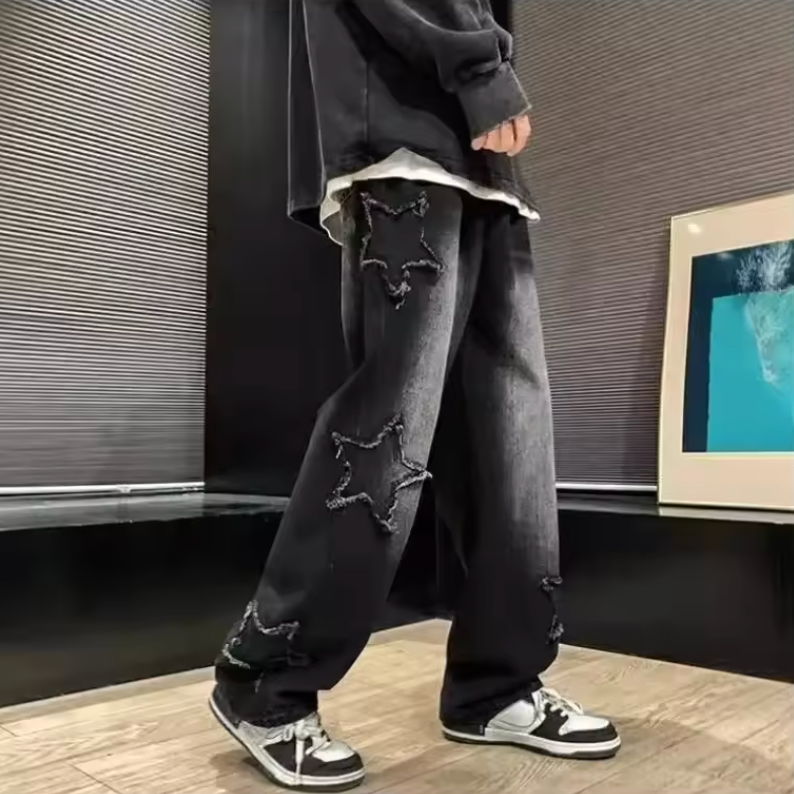 Black Denim Custom Print Star Cut Out Distressed Baggy Jeans S-L