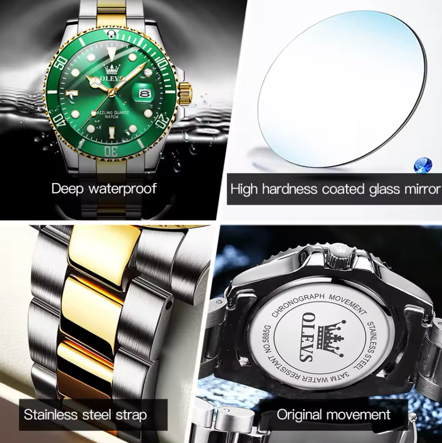 OLEVS Luxury Stainless Steel Band Quartz Watch Luminous & Deep Water Proof