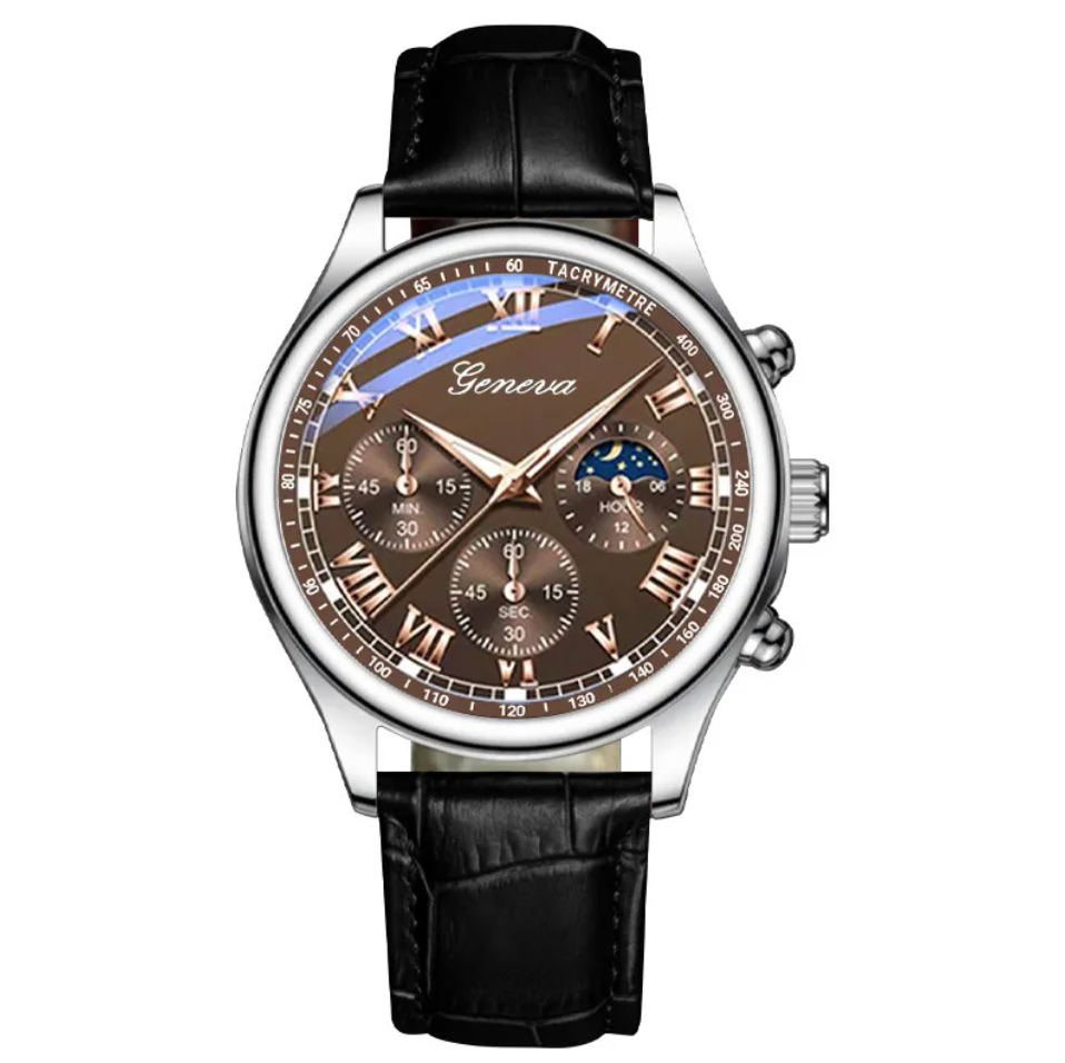 Genuine Peremium Leather Luxury Quartz Watch Mens Business Style Waterproof Case
