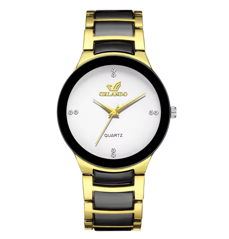 24cm Mens Stainless Steel Gold And Black Quartz Watch Orlando Dial Luxury