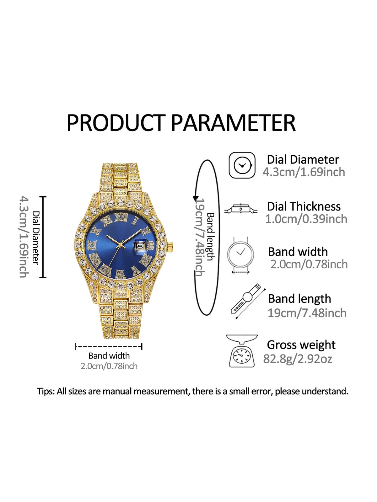 3pc Luxury Metal Alloy Gold Plated Full Dimond Rhinestone Watch And Chain Set