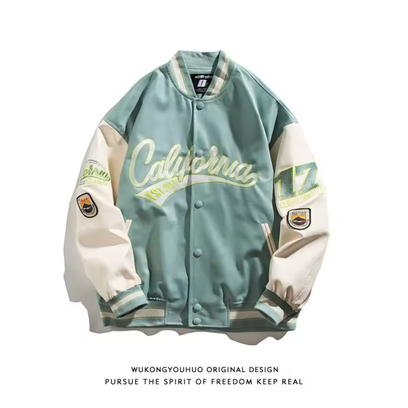Synthetic Leather Street Bomber Jacket Button Up Retro Style Varsity Jacket