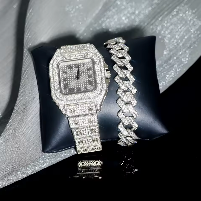 3pc Iced Out Jewelry Chain Watch And Bracelet Gold Or Silver Luxury Style