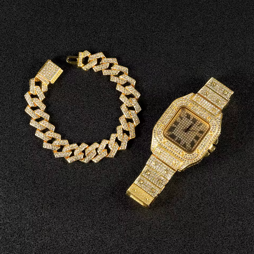 3pc Iced Out Jewelry Chain Watch And Bracelet Gold Or Silver Luxury Style