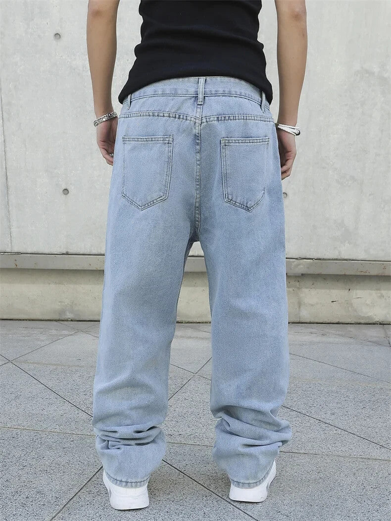 Mens Baggy Denim Jeans Faded Blue Skater Street Style Retro Fashion Jeans