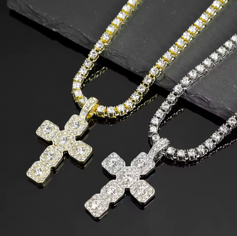 Cubic Chain Cross Pendant Full Rhinestone Dimond Street Style Fashion Necklace