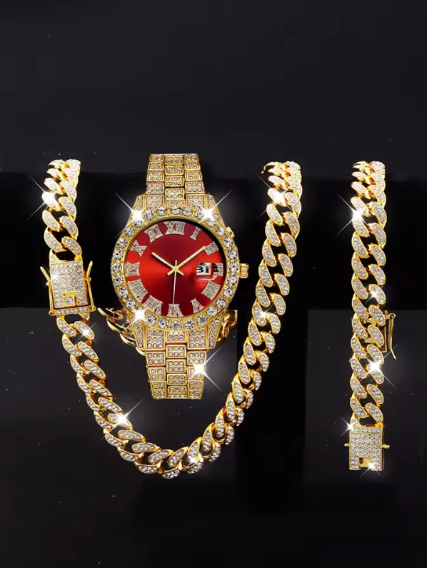 3pc Luxury Metal Alloy Gold Plated Full Dimond Rhinestone Watch And Chain Set