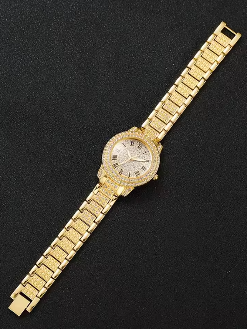 Iced Out Watch And Bracelet 2pc Luxury Jewelry Set Gold Or Silver